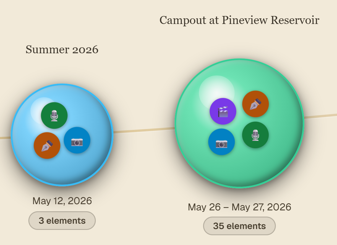 Two memories on Memory Lane, each shown as a pearl with its title, date and number of elements